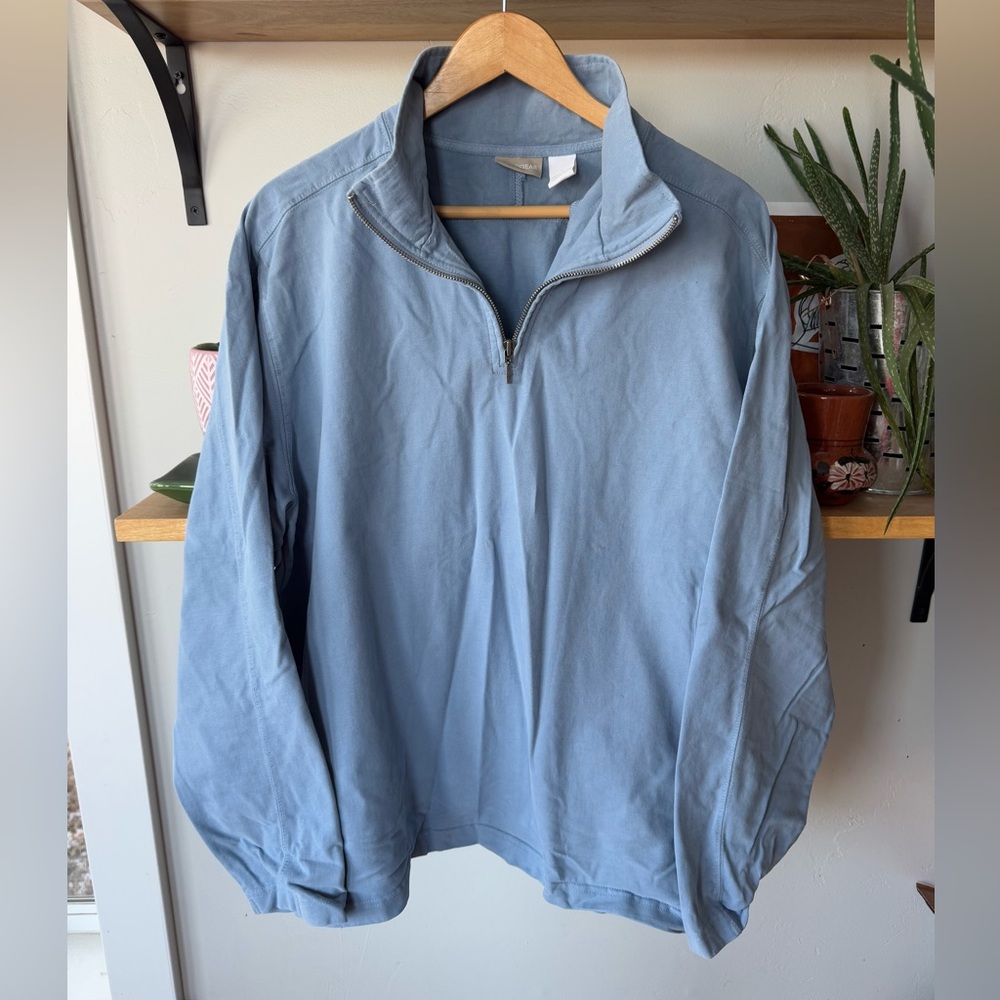 FIELD GEAR Light Powder Blue Sueded Cotton Quarter Zip Mockneck Sweatshirt Large